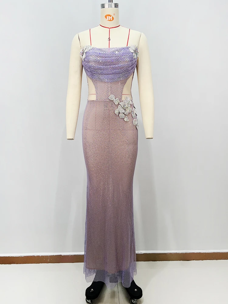 女性用ダイヤモンド装飾シアーマキシドレス、カットアウトディテール、ストラップレス、バックレス、ファッションイベント、パーティードレス、2025年、ベスティドス