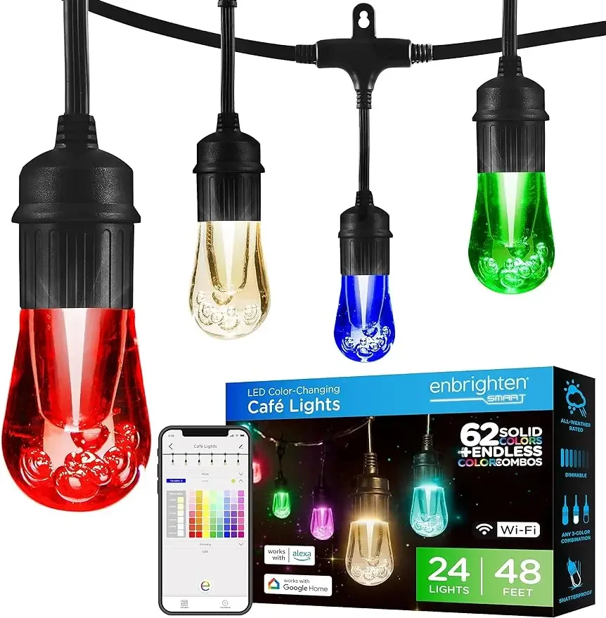 

Enbrighten Premium Color Changing String Lights, 48ft Black Cord, 24 Shatterproof Acrylic Bulbs,Weatherproof, Customizable