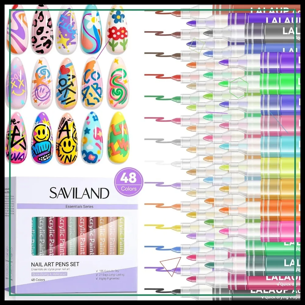 

48 Colors Quick-Dry Nail Art Pens Set: 3D Acrylic Paint Markers with Liner Brush & Dotting Tools for DIY Manicure