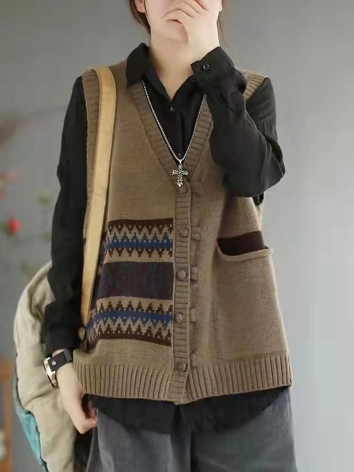 

Women's Knitted Open Cardigan Vest Spring Autumn New Style Artistic Retro Loose Versatile Woolen Parka Jacket Outerwear