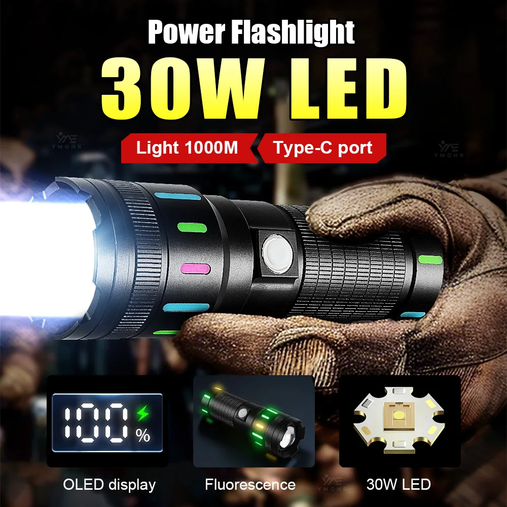 

Белые лазерные фонарики высокой мощности, тактический перезаряжаемый светодиодный фонарик, цифровой дисплей, флуоресцентная полоса, открытый кемпинг