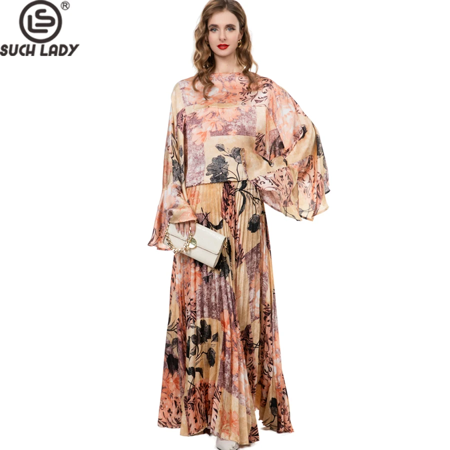 

Women's Dress O Neck Long Flare Sleeves Printed Blouse with Maxi Skirt Fashion Two Piece Sets Twinsets
