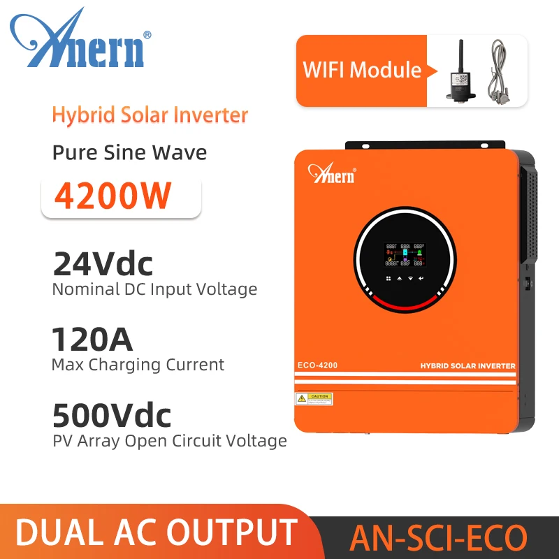 Anern Mppt Solar Inverter 3KW 4.2KW 6.2KW Off Grid 24V 48V Inverter 12V 220V Pure Sine Wave Dual Output MPPT 80A 120A