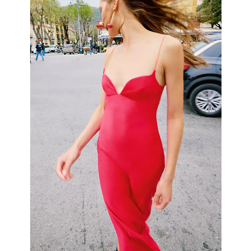 Sommer Neue frauen Lange Seide Satin Kleid Herz Kragen Strap Hohe Taille Keine Sve V-ne Farbe Pendeln Sle Dr