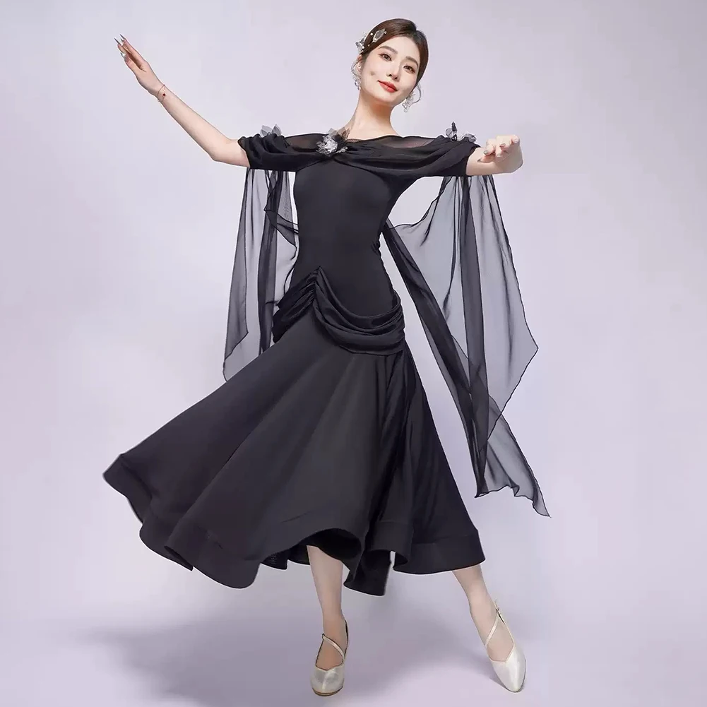 블랙 왈츠 드레스 새로운 스타일 볼룸 댄스 경연 대회 연습복 반팔 흰색 스트랩 연습 성능 슈트