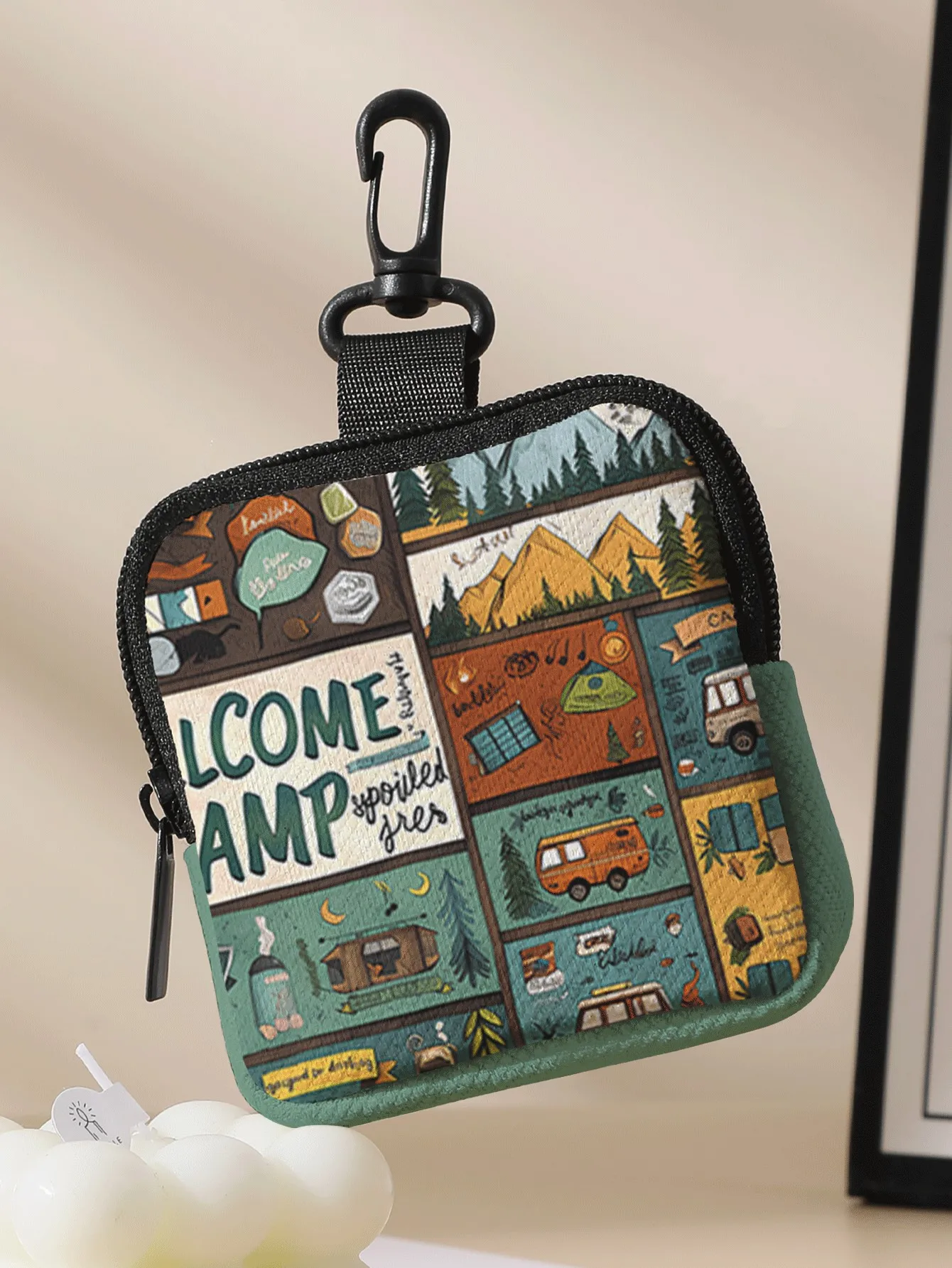 1pc, Portable coin purse with camping patterns, small storage bag for coins and accessories