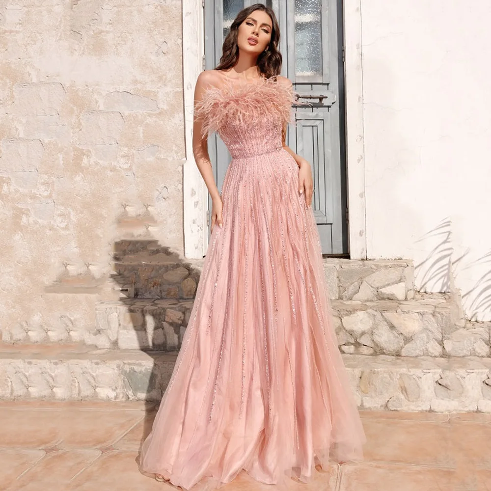 Vestido de noche brillante para mujer, traje sin tirantes con lentejuelas de plumas, longitud hasta el suelo, fiesta de cumpleaños y boda, Gala Formal