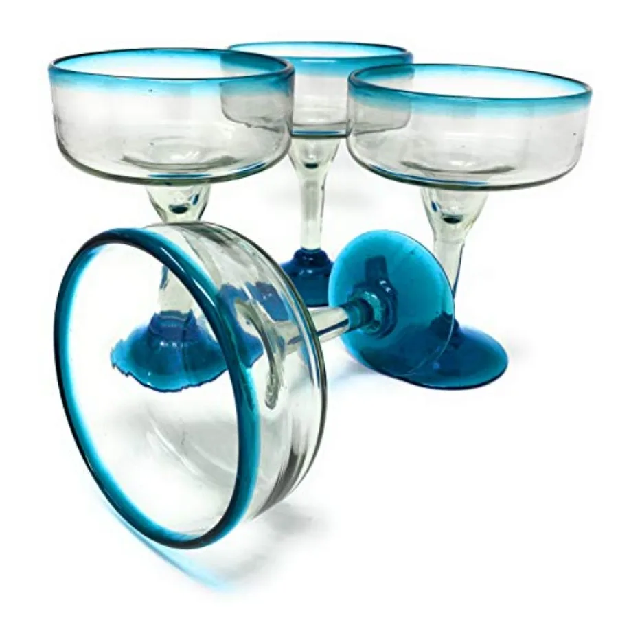 

Mexican Hand Blown Glass Set of 4 Hand Blown Margarita Glasses 16 oz with Aqua Blue Rims