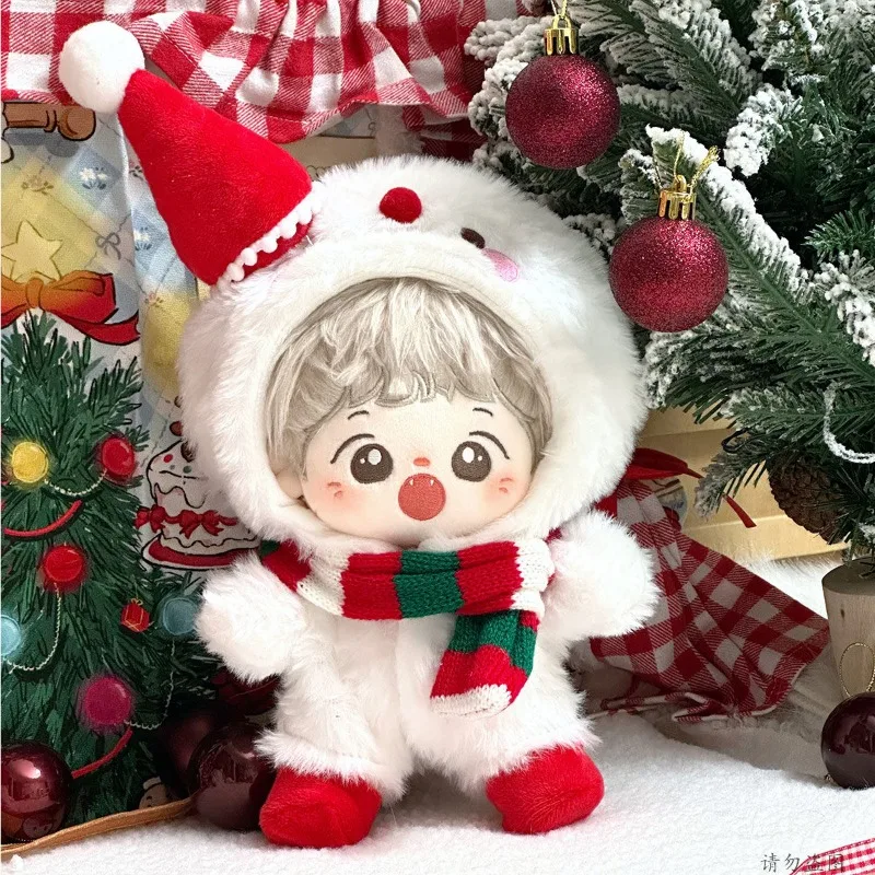 20cm New Year baby clothes, cotton dolls, small snowmen set, plush hooded jumpsuit, scarf accessories