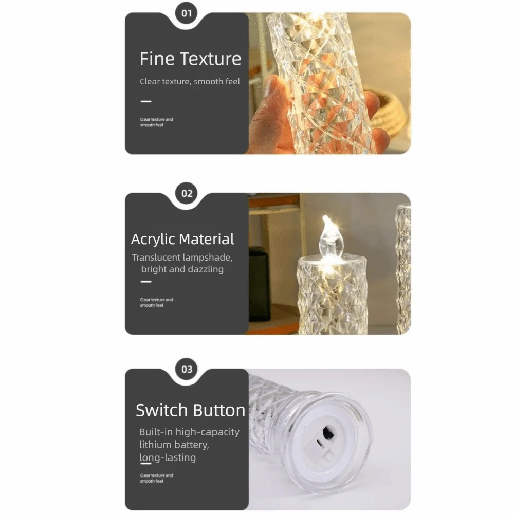 2 шт., проекция розы, кристалл, светодиодная свеча, на батарейках, прозрачная светодиодная хрустальная настольная лампа, мягкий свет, романтическая атмосфера