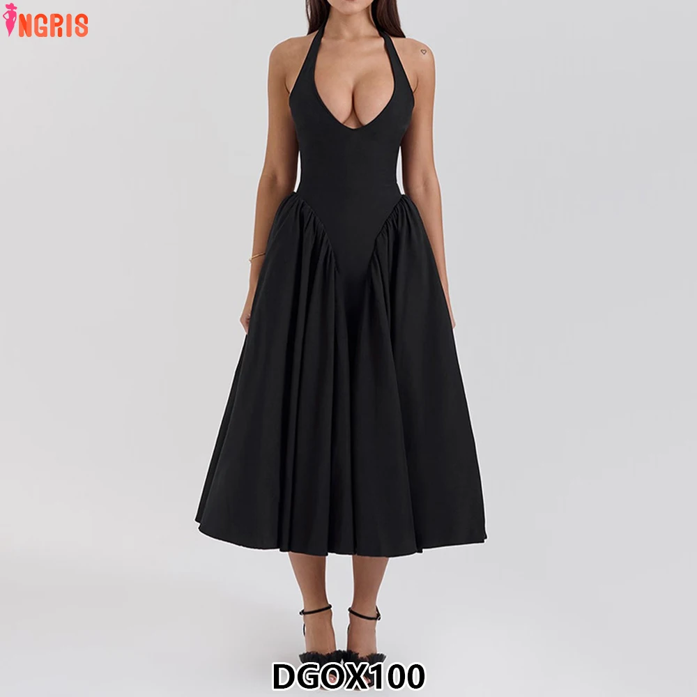

Halter Sexy Midi Long Dress for Women Summer Elegant Pleated Backless Club Party Evening Dress-DGOX100