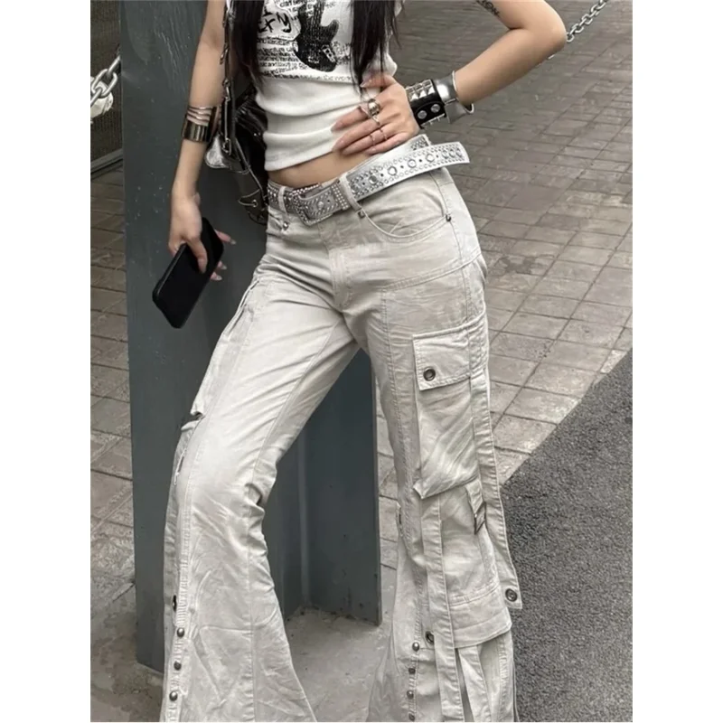 Damskie spodnie cargo z szerokimi nogawkami w stylu Y2k, japońskim designie Harajuku, z niskim stanem, dżinsowe, w stylu goblinów, dzwonkowe, długie spodnie dżinsowe punkowe z lat 2000.