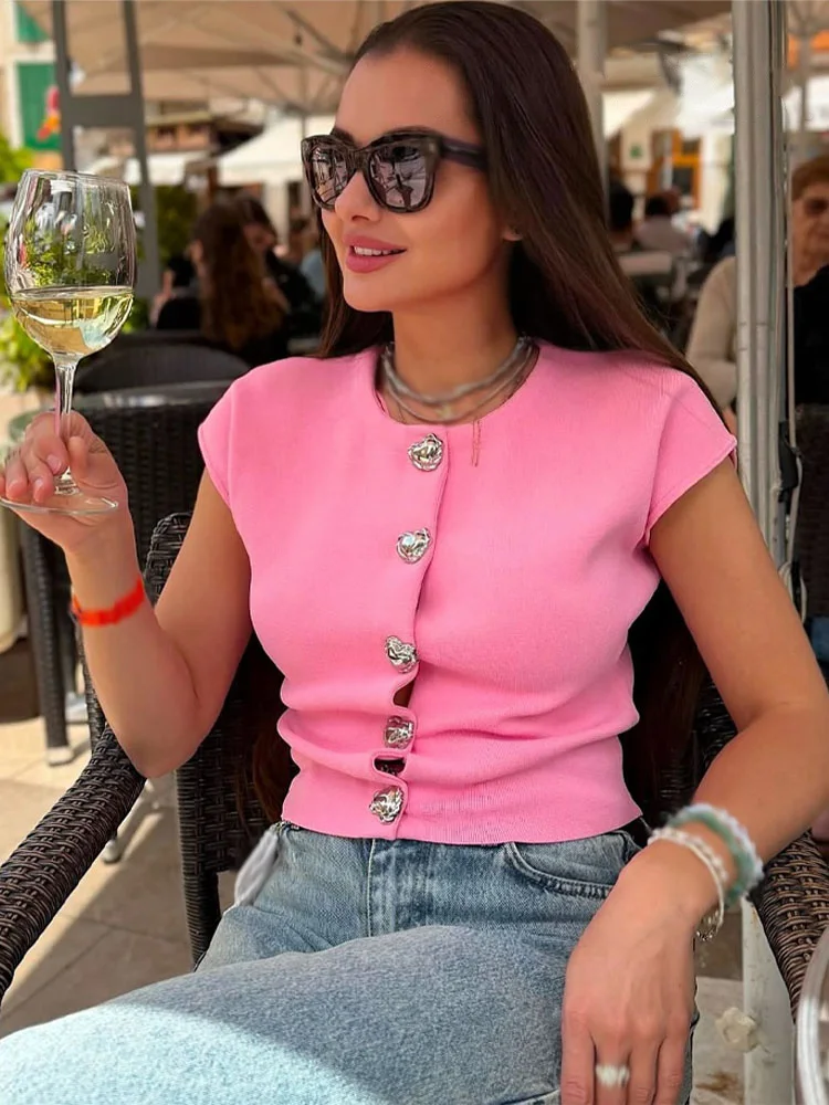 

HH женские новые модные вязаные топы однотонные однобортные топы без рукавов с круглым вырезом женские летние шикарные тонкие свитера топы