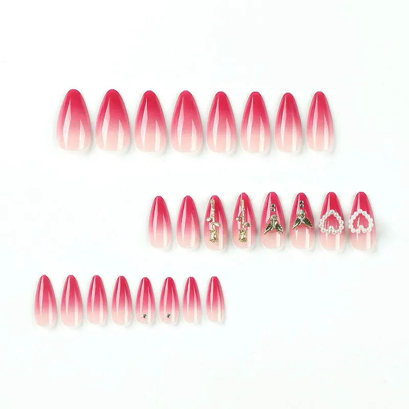 24pcs/box wearable red gradient gold manicure three-dimensional rose white love pearl fake nails