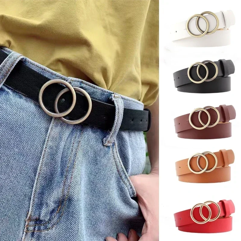 Women's Big Double Ring circular metal buckle belt, women's Wild waistband, wide leather strap belt, Leisure Circle