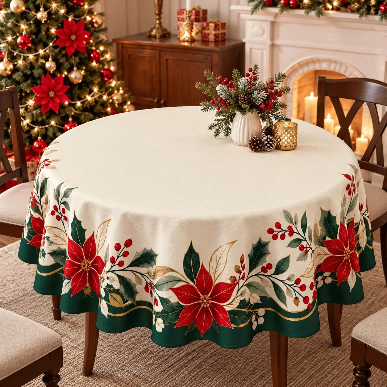 1 round tablecloth, Christmas red poinsettia flower print, beige with dark green Phnom Penh, exquisite festive table decoration