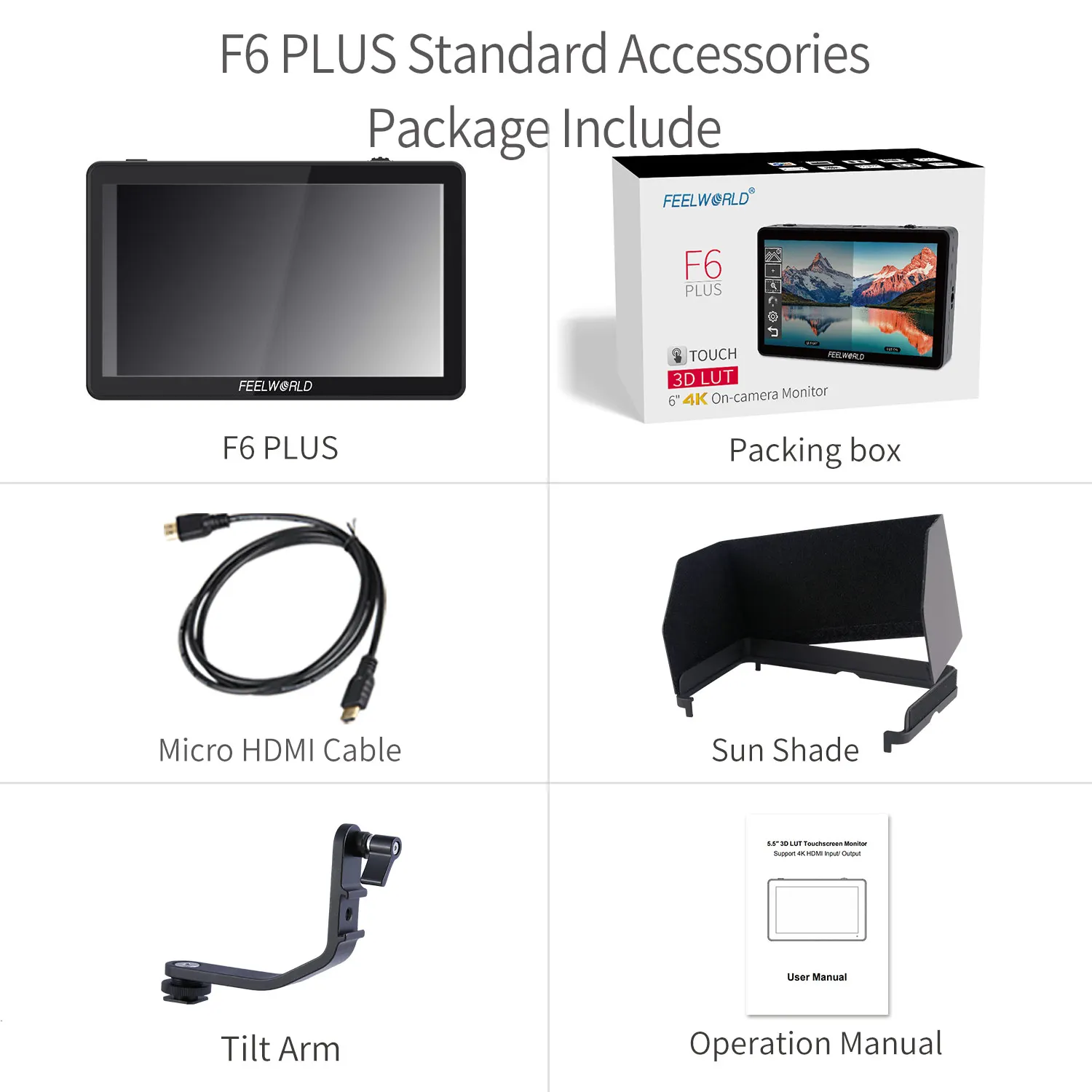 كاميرا Feelworld F6 PLUS مقاس 6 بوصات DSLR شاشة لمس ميدانية مع شاشة HDR ثلاثية الأبعاد LUT FHD 1920x1080 IPS Video Peaking 4K HDMI داخل الخروج