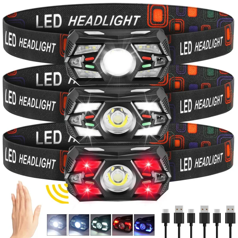 

Яркий светодиодный налобный фонарь Type-C, перезаряжаемый датчик движения, 5 режимов, портативный налобный фонарик для кемпинга, рыбалки с красным светом