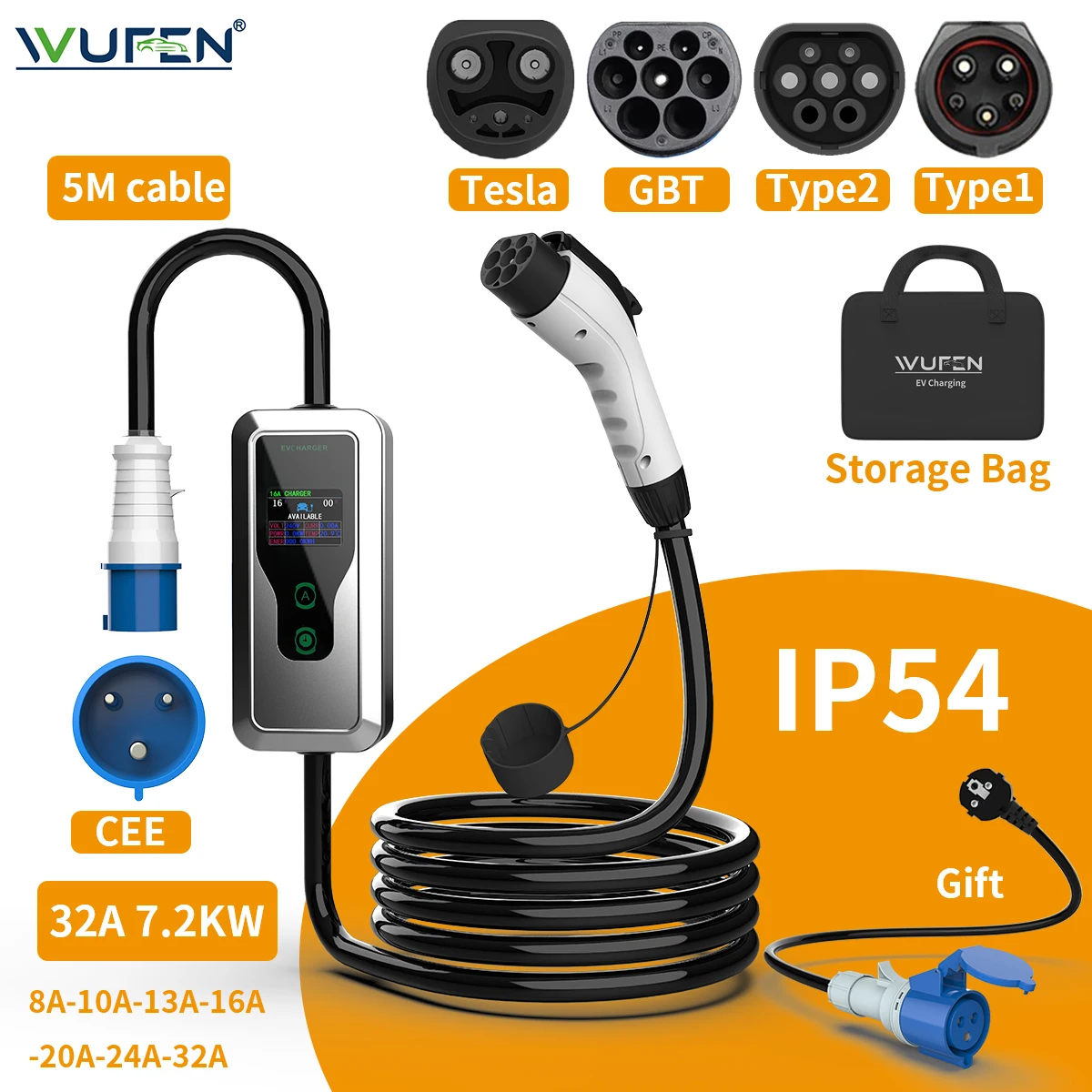 

WUFEN 32A 7,2 кВт 1-фазное зарядное устройство для электромобилей Type2 Type1 Портативное зарядное устройство для электромобилей GB/T с регулируемым током Tesla Зарядное устройство для электромобилей