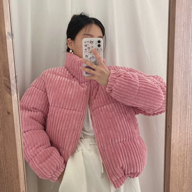 

Chic Autumn Winter ort Cotton Jaet Women's Pink Corduroy Vestage Coat White Enhancing Vertical Stripes Fem Small Size