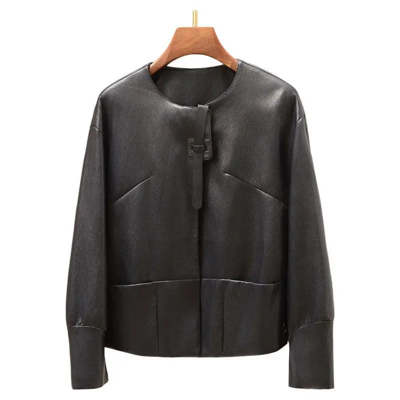 Herfst en winter nieuwe dames PU-jas elegante leren jas met ronde hals