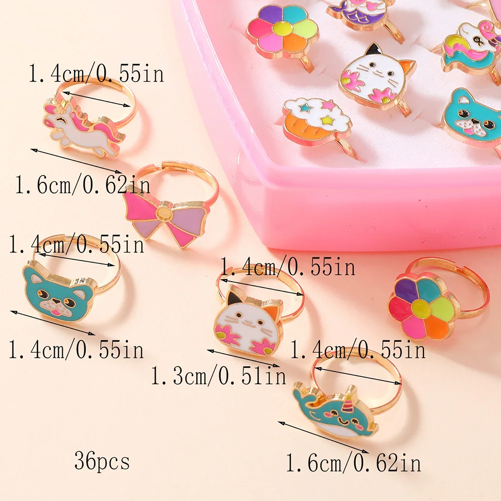 36Pcs Adjustable Ring Set with Unicorn, Bow, Rainbow, Crown, Flower, Cat, Strawberry, Heart-Shaped Designs, Kc Gold-Plated Rings, Bow Decoration, Heart-Shaped Storage Box, Girls' Dress-Up Jewelry, Birthday Party Gift S - view 4