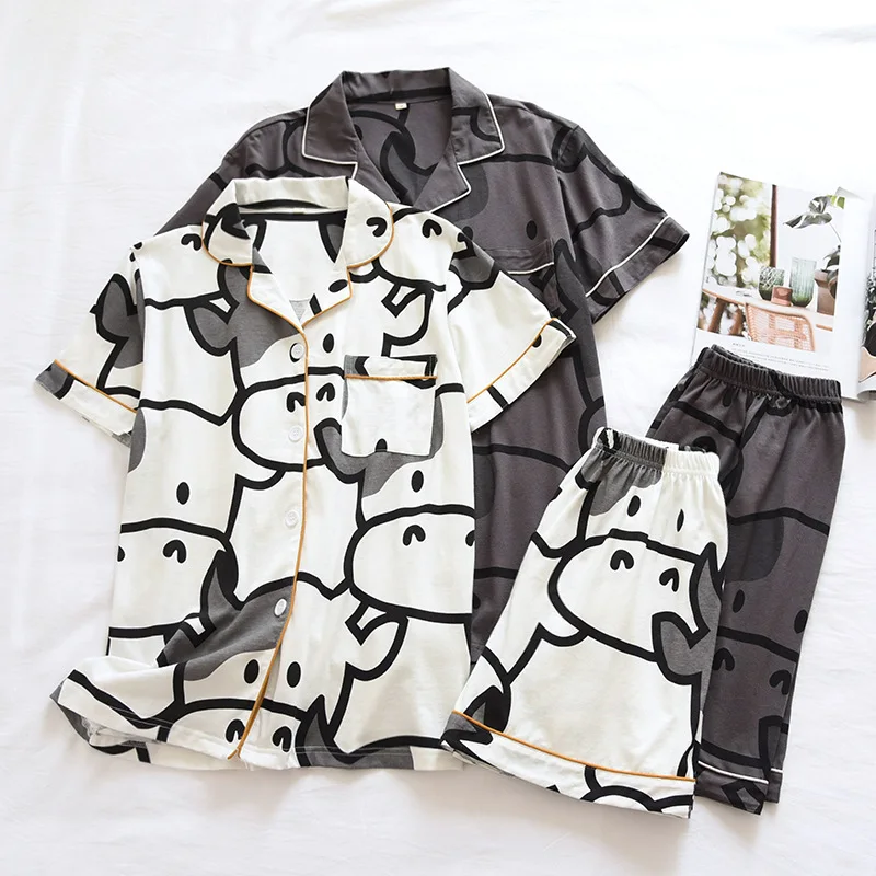 Summer Women\'s Cartoon Couple Pajama Set Knitted Cotton Cow Pattern Cute Nightgown Lapel Texture 2023 New Design Night-clothes