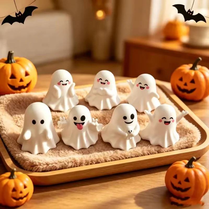 Cute Ghost Figurine Mini PVC Pen Holder Halloween Desk Ornament Kawaii Table Decor Gift for Friends