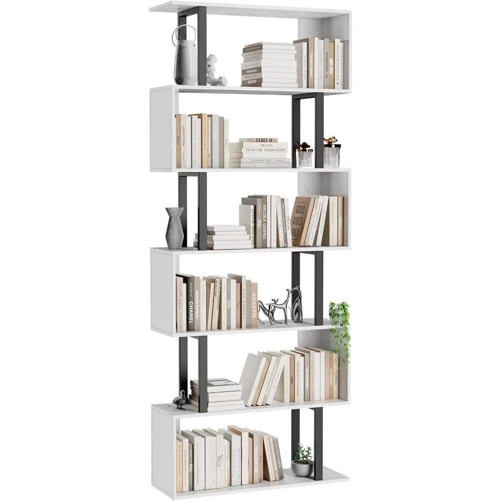 

6 Tier Geometric Bookcase,S Shaped Bookshelf, Wood Decorative Storage Shelving, Modern Freestanding Display Shelves