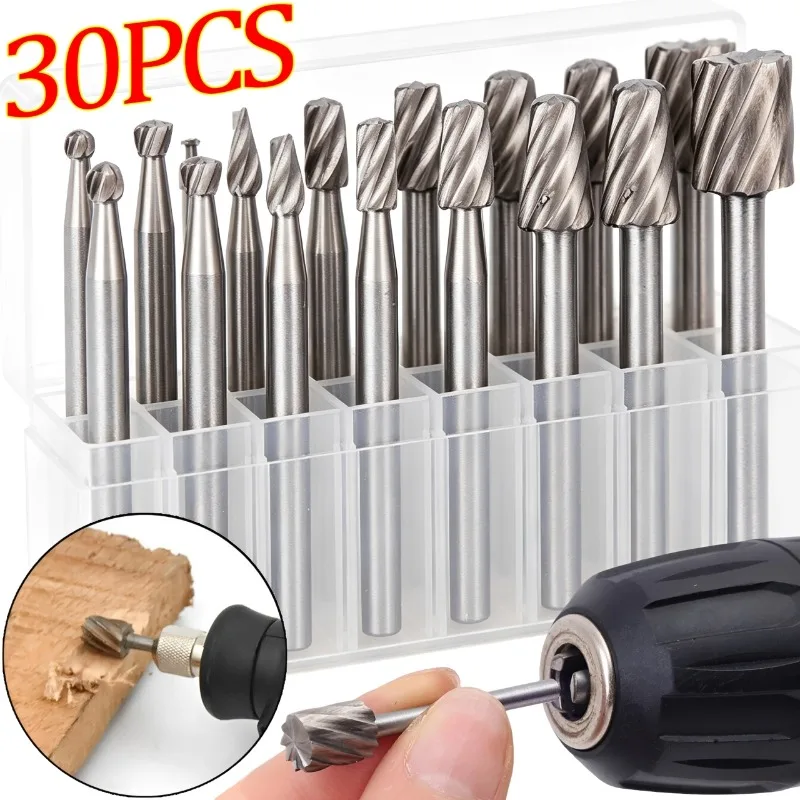

30/6PCS Small HSS Wood Carving Bits Rotating File Grinding Head Set Rotary File Cutter Woodworking Carving Knife Cutter Tools