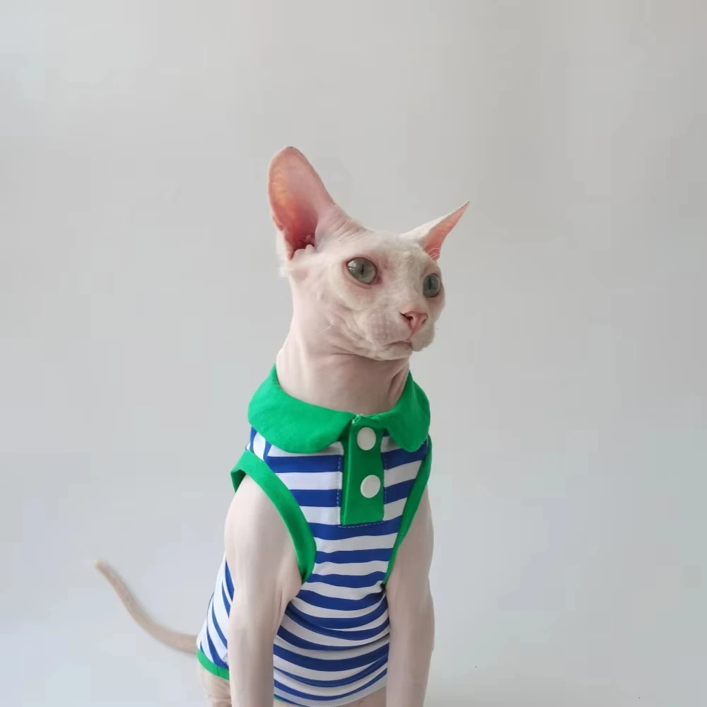 مجموعة سترة بولو على شكل ديناصور كرتوني للربيع/الصيف لـ Sphynx & Devon Rex - تي شيرت قطط مخطط فائق النعومة وجيد التهوية