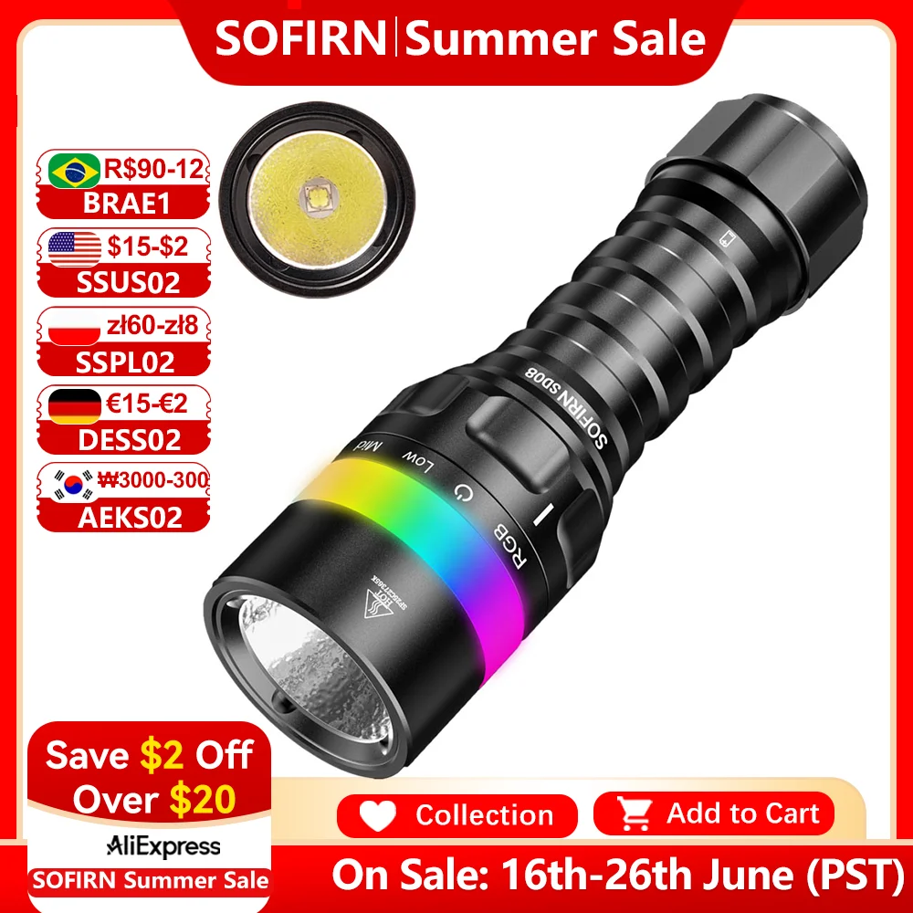 

Sofirn SD08 3200lm Range 385m Diving Flashlight Powerful Rechargeable 21700 Underwater Deep Flashlight with 360° RGB Indicator