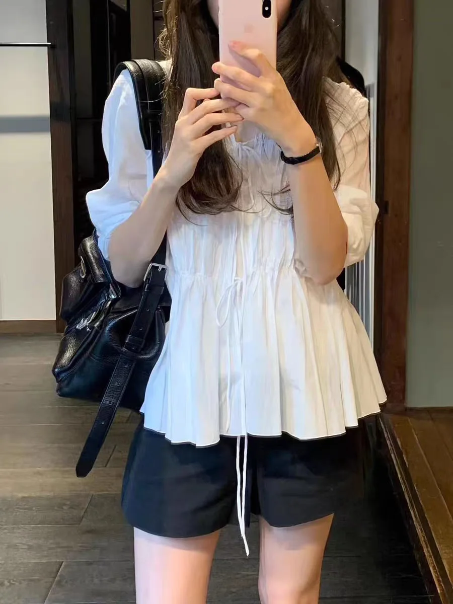 

Korean Style Long Sleeve V-Neck Shirt Women's Loose Fit Breathable Cotton Blend Tie Waist Design Summer 2026 Fashion Top