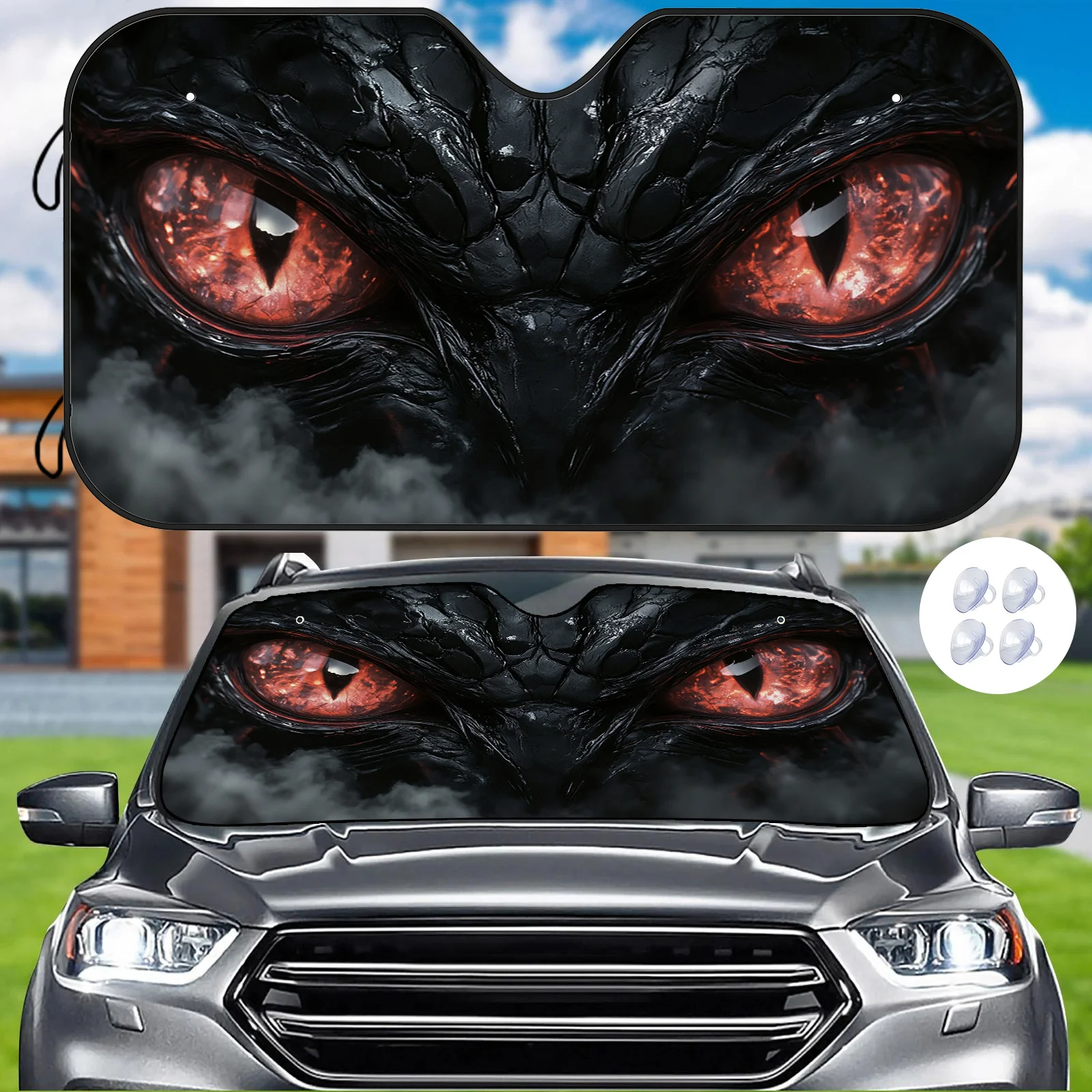 

A Powerful Black Dragon Pattern Sunshade For Cars With Red Eyes, Made Of High-Quality Heat Insulation And Includes 4 Free Suctio