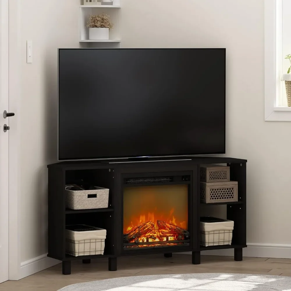 Furinno Cabinet Corner Fireplace Stand with 4 Open Compartment for TV up to 55 Inches