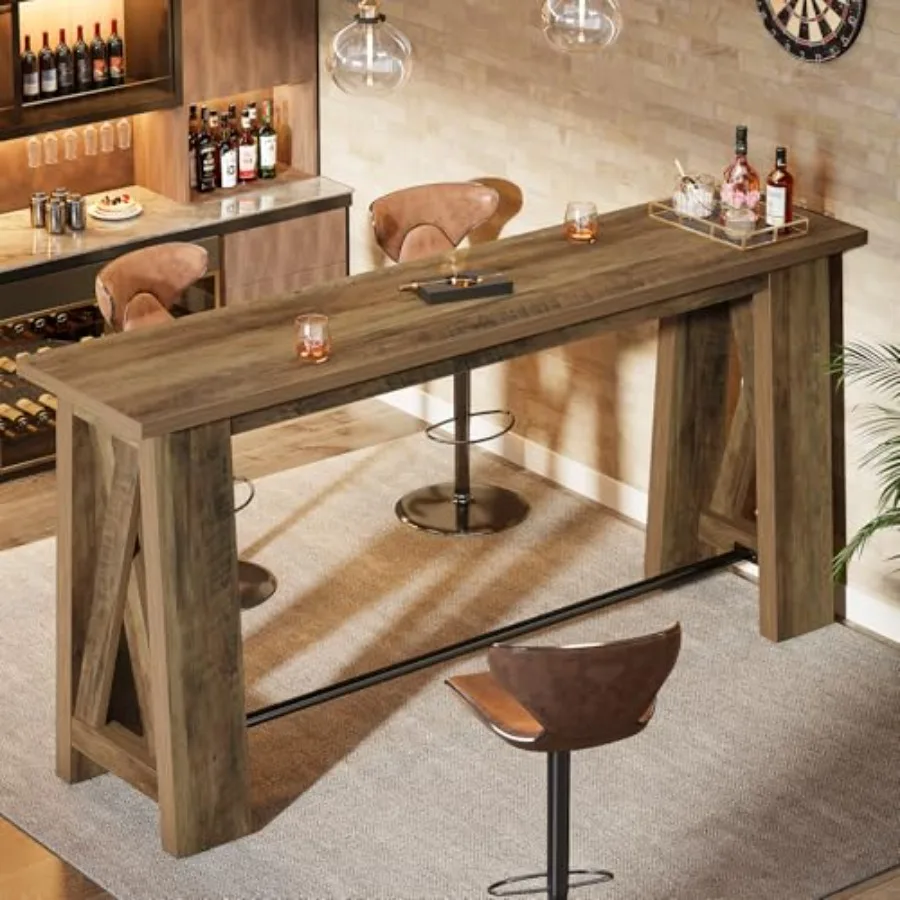 

63 Rectangular Bar Table with Metal Footrest and X-Frame Legs in Black Counter Height Kitchen Dining Table for Dining Room Livi