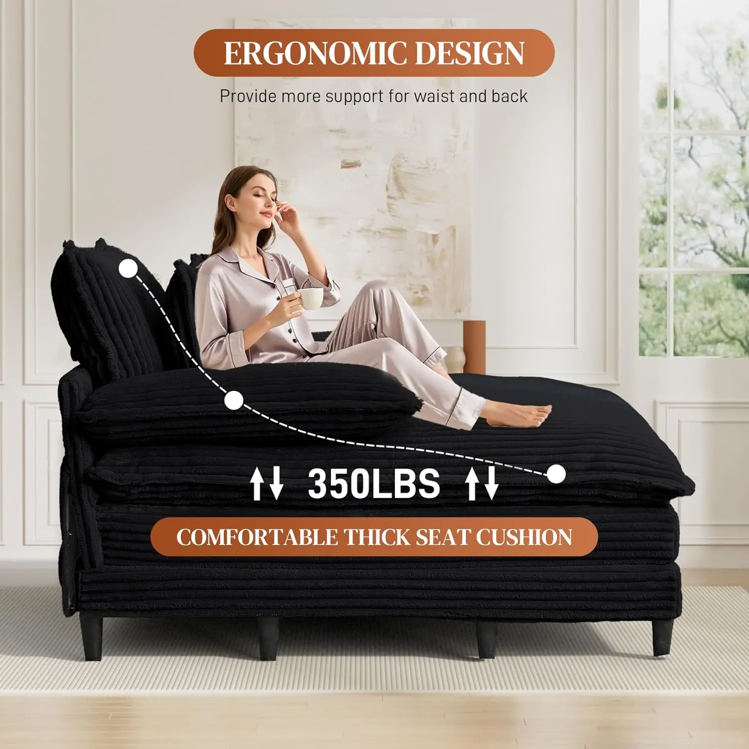 كرسي صالة كبير الحجم داخلي مع مسند ظهر قابل للتعديل، 57 وات × 60 دي كرسي سروال قصير مريح منفوش من القطيفة المنجدة