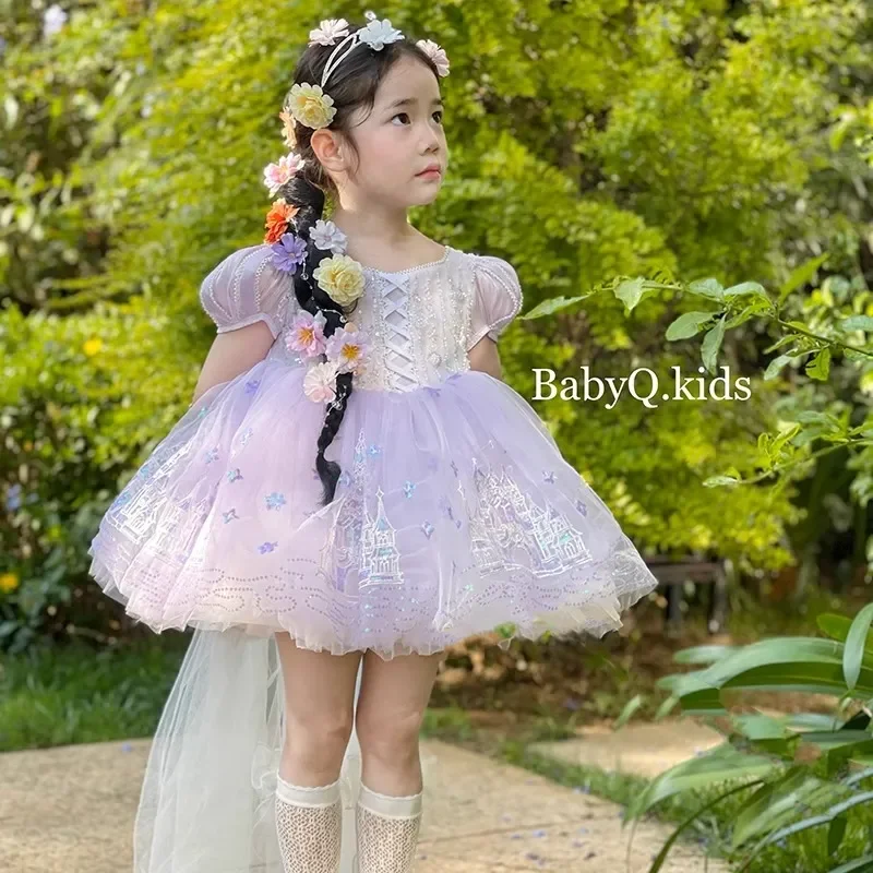 Baby Girl Summer Shiny Purple Sweet Lolita Lace Princess Gauze Ball Gown Floral Lace Dress Birthday Party Eid Childen Clothing