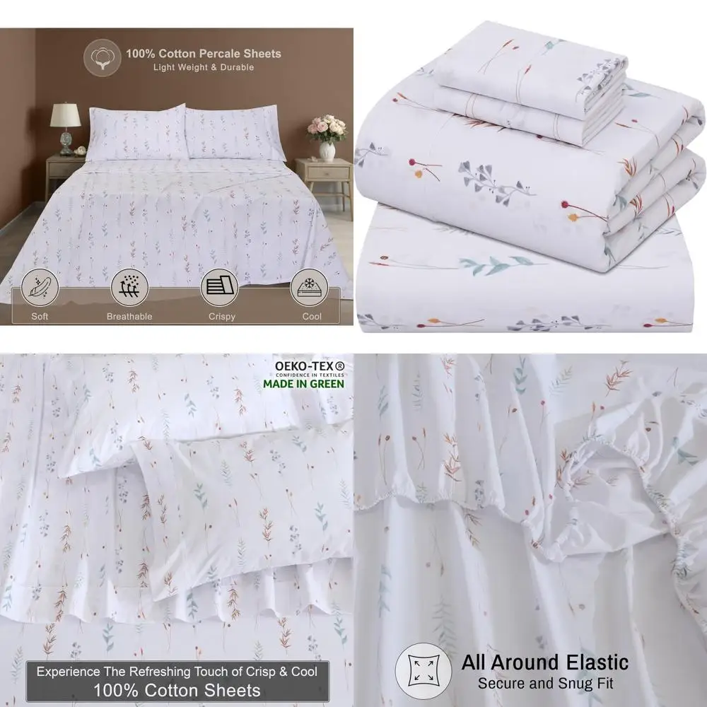 

Queen Size Cotton Percale Sheets - Cool & Crisp, 16 Pockets, 4-Piece Set, Lightweight & Breathable, Fairy Meadows