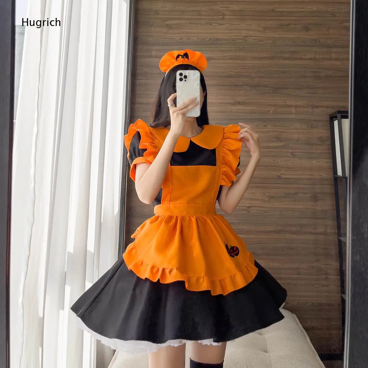 Halloween Themed Two Tone Maid Gown Ruffle Shoulder Sleeve Pumpkin Graphic Apron Matching Hat Cosplay Outfit For Ladies