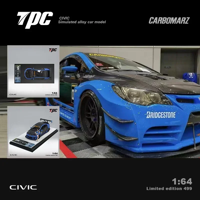 TPC 1:64 Toy Model Car Civic FD2 Alloy Die-Cast Refitting Vehicle Carbon Blue Collection Display Gifts