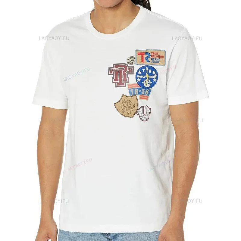 Funny True Religion Men's Collegiate Patch Graphic Printed Tee New Arrival Streetwear Casual O-neck Unique Summer Ventilate Tee