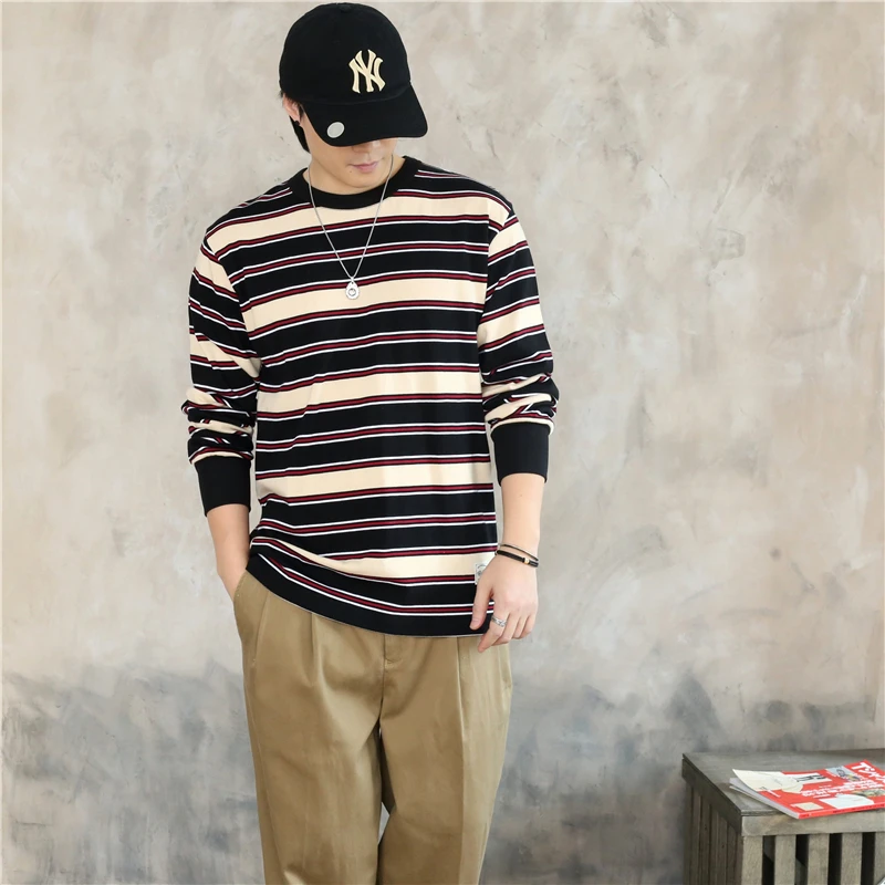 

American Sle Thi Cotton Long Sve Striped T-irt Men's Base Layer irt Spring Autumn Couple's Sea Soul irt