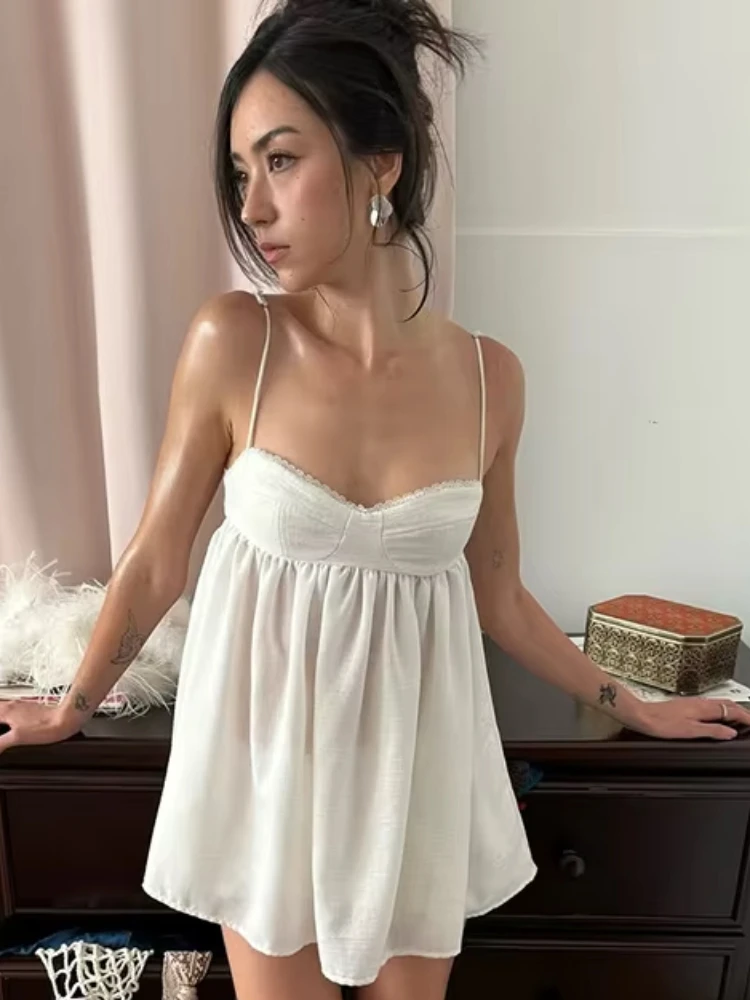 

Nibber Classic 2Piece Set Women Folds Sweet Lace Low-Neck Snap Button Backless Camisole+Elastic Waist Fluffy Hem Fashion Pajamas