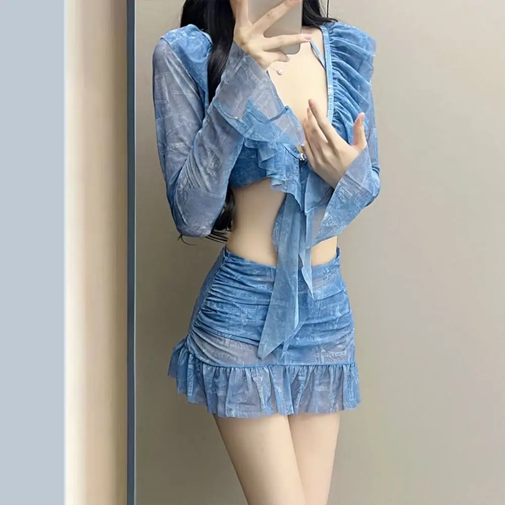 

Сексуальный дизайн, бикини с бретелькой на шее, разделенное бикини для похудения, комплект из 4 предметов, купальник с длинными рукавами и бретелькой на шее, горячий источник