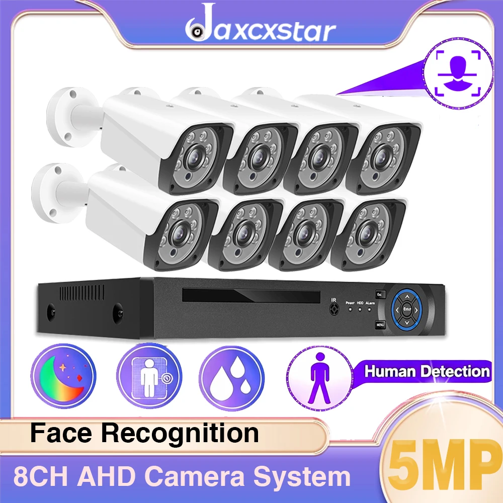 

8-канальный H.265 комплект AHD DVR с распознаванием лиц, система видеонаблюдения, 5MP Ultra HD, внутренняя и наружная пулевидная камера, комплект видеонаблюдения