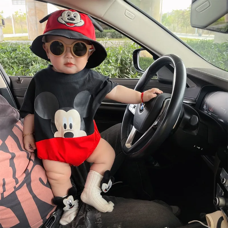 Summer Newborn Bodysuit Sock Hat 3pcs Set Cartoon Mickey Mouse Boys Girls Jumpsuit Infant Costume Short Sleeve Clothing K2421