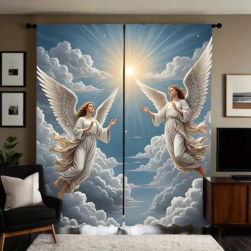 Sky Gate Cloud Angel Cross Pattern Printed Decorative Curtains, Washable, Durable and Easy to Hang, Suitable for Living Room