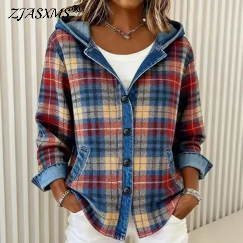 Y2K 의류 후드티 새로운 체크무늬 프린트 후드 스웨트셔츠 여성 레트로 패치워크 버튼 탑 가디건 가을 긴팔 코트 재킷