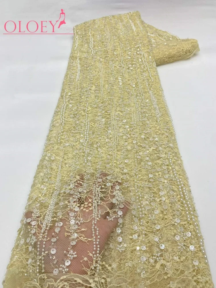 

OLOEY French Handmade Beaded Lace African Sequin Lace Fabric High Quality Nigerian Tulle Mesh For Sewing Ladies Dresses